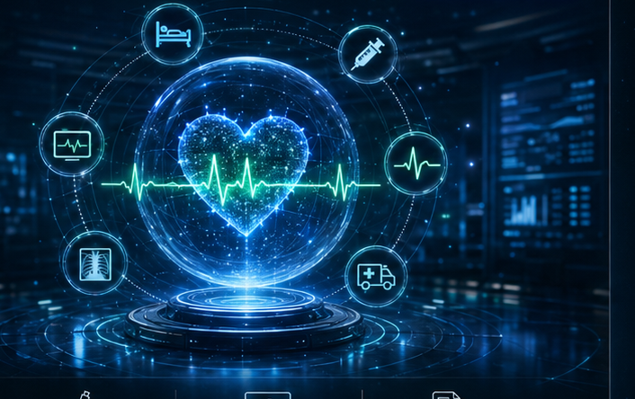 Coração holográfico do Cura — o pulso vital do hospital, com IA, leitos e diagnóstico em órbita.